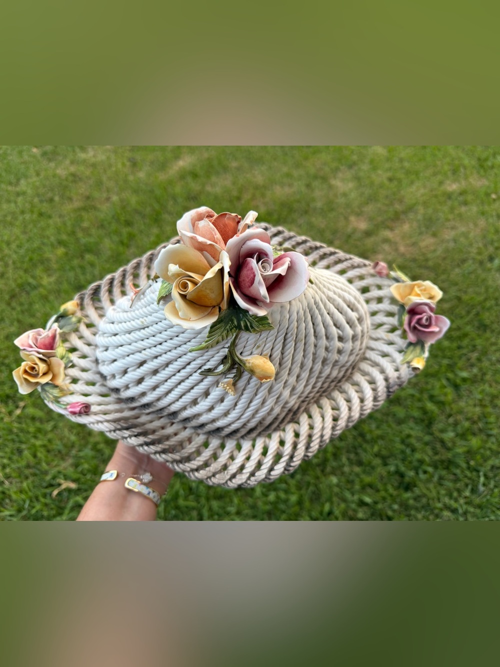 Vintage Bassano Italian Ceramic Woven Basket Rose Covered Centerpiece